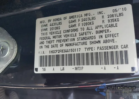 2010 Honda Accord Exl z USA, uszkodzony, nr VIN 1HGCP2F83AA150117
